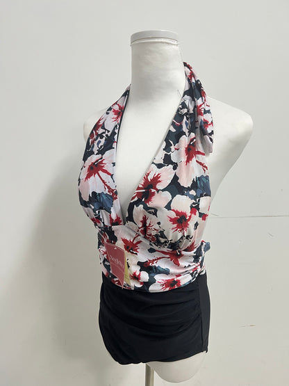 Angletter Red & Pink Floral Halter Deep V Swimsuit, Figure-Flattering Color-Block Bathing Suit for Vacation