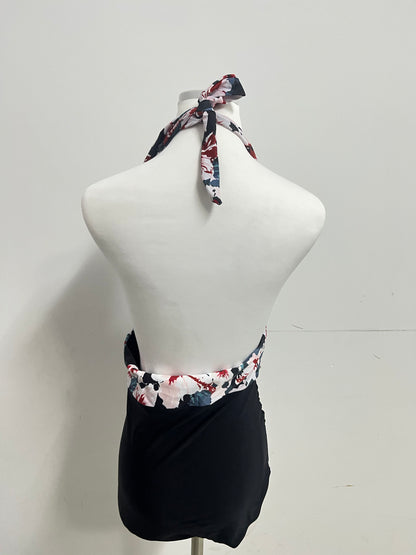 Angletter Red & Pink Floral Halter Deep V Swimsuit, Figure-Flattering Color-Block Bathing Suit for Vacation