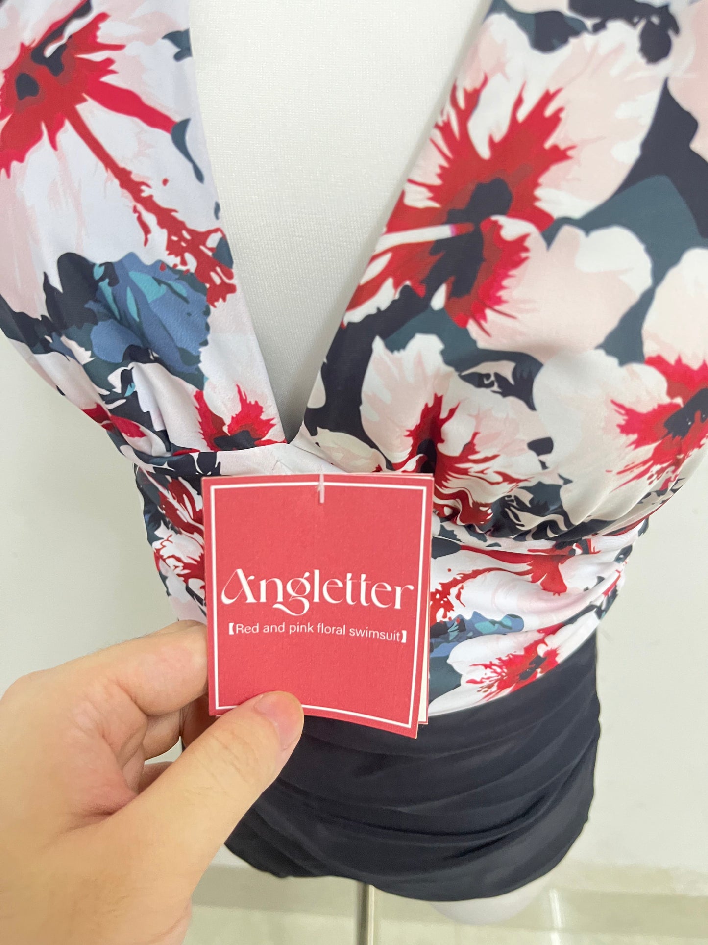 Angletter Red & Pink Floral Halter Deep V Swimsuit, Figure-Flattering Color-Block Bathing Suit for Vacation