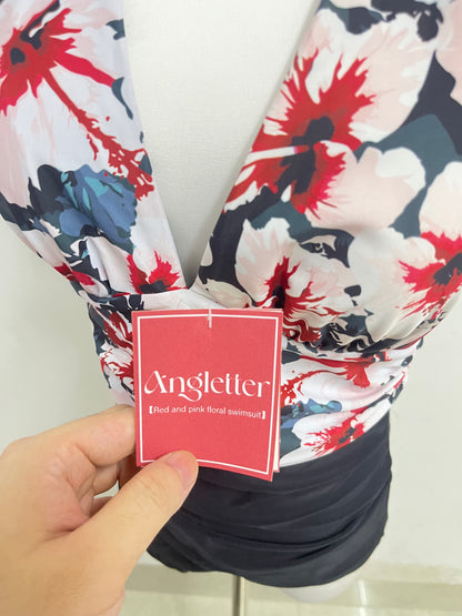 Angletter Red & Pink Floral Halter Deep V Swimsuit, Figure-Flattering Color-Block Bathing Suit for Vacation