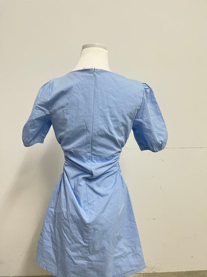 ArtFuture Light Blue Square Neck Puff Sleeve Ruched Waist Dress