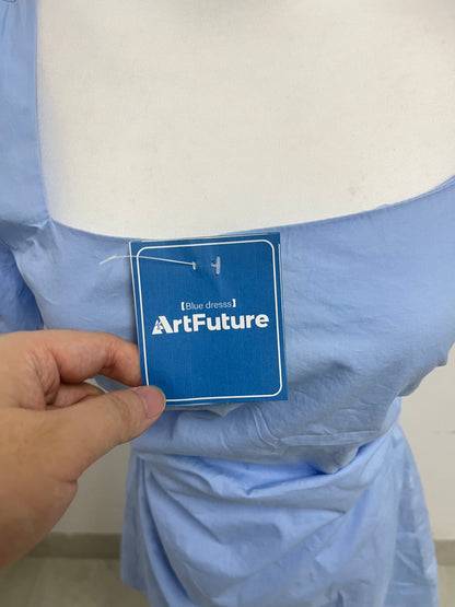 ArtFuture Light Blue Square Neck Puff Sleeve Ruched Waist Dress