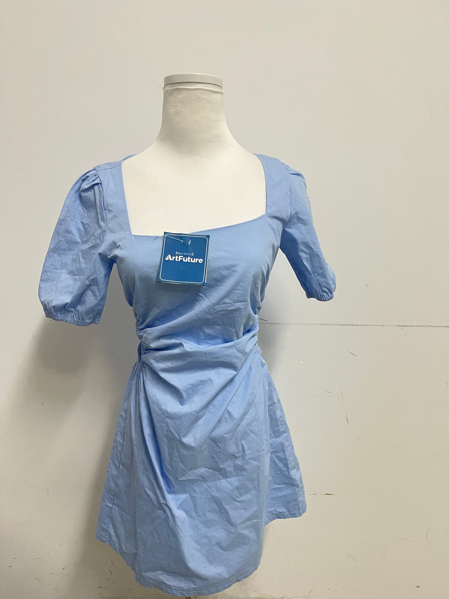 ArtFuture Light Blue Square Neck Puff Sleeve Ruched Waist Dress