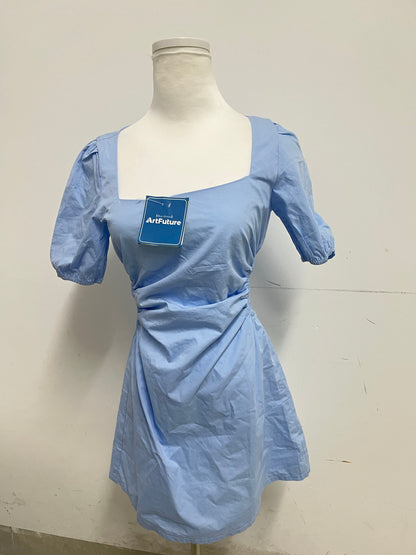 ArtFuture Light Blue Square Neck Puff Sleeve Ruched Waist Dress