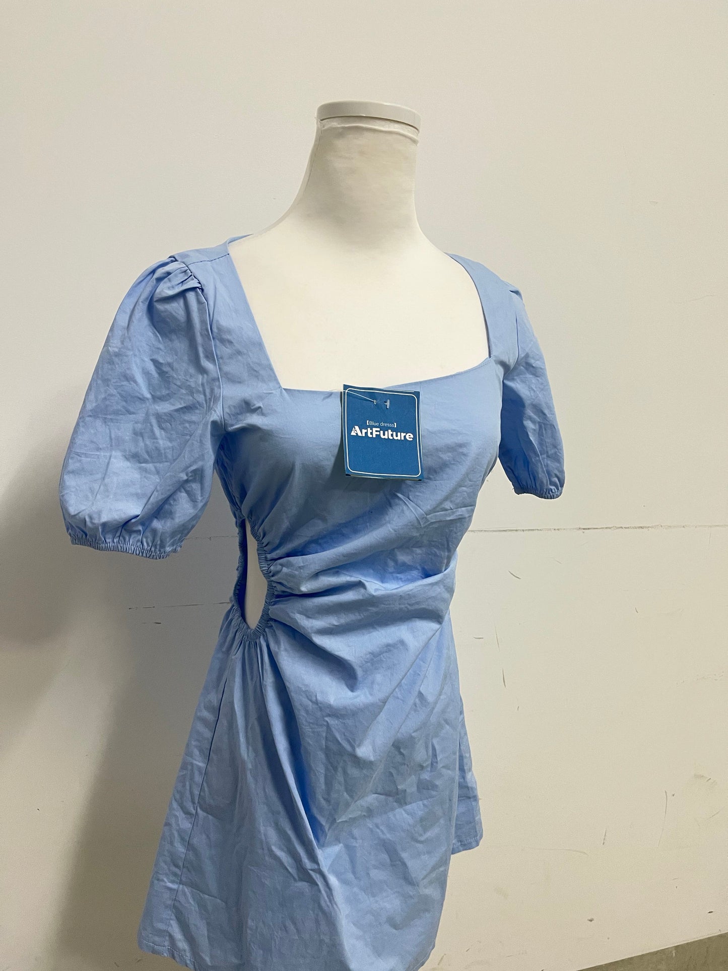 ArtFuture Light Blue Square Neck Puff Sleeve Ruched Waist Dress