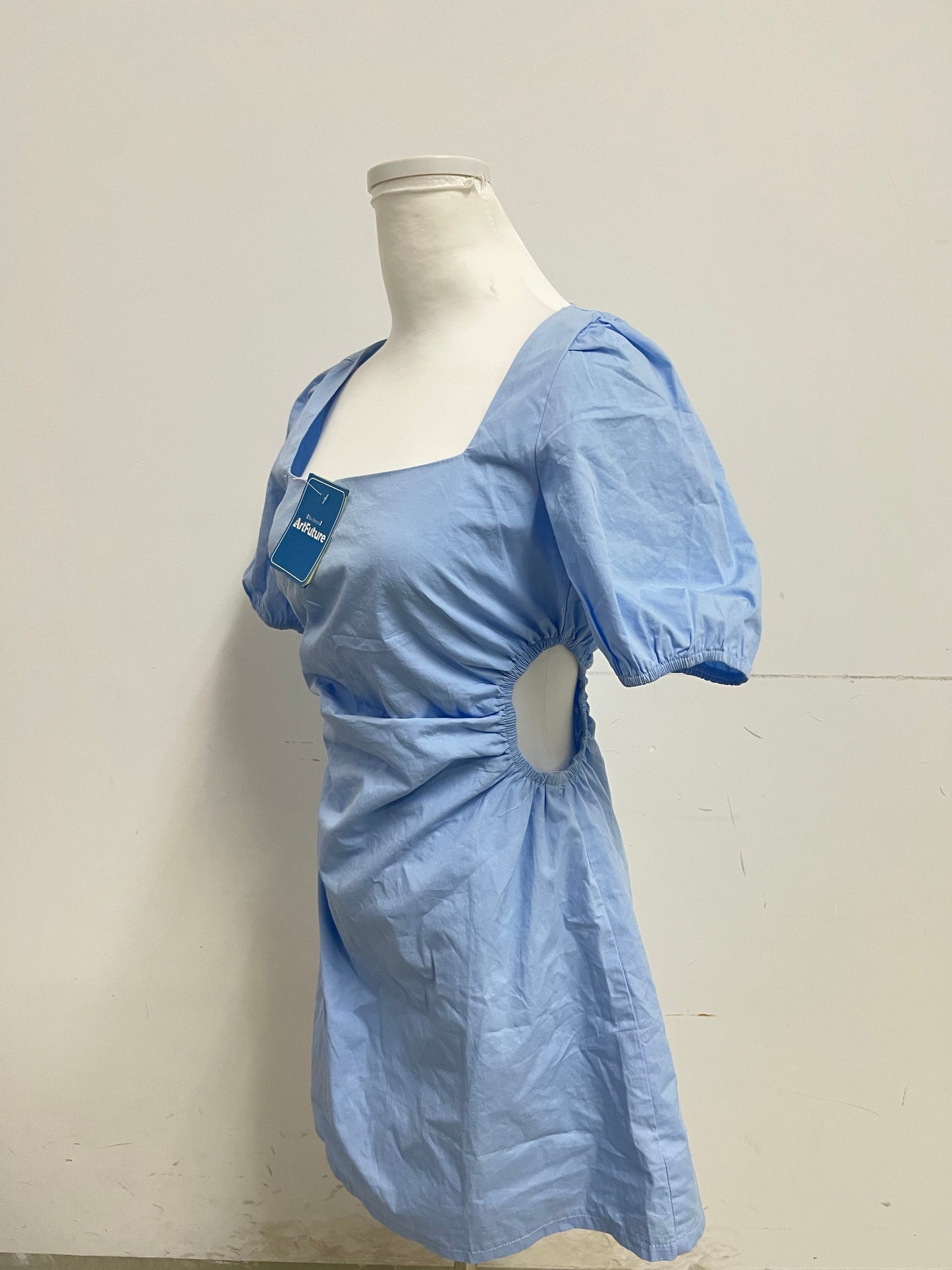 ArtFuture Light Blue Square Neck Puff Sleeve Ruched Waist Dress