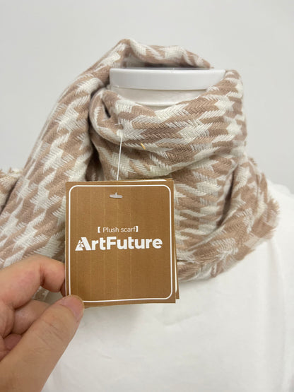 ArtFuture Plush Scarf for Women Men, Camel & White Houndstooth Pattern Scarf, Soft Fluffy Winter Scarf with Frayed Edges, Retro Casual Warm Neck Wrap Shawl for Daily Commute Streetwear Autumn Outfit