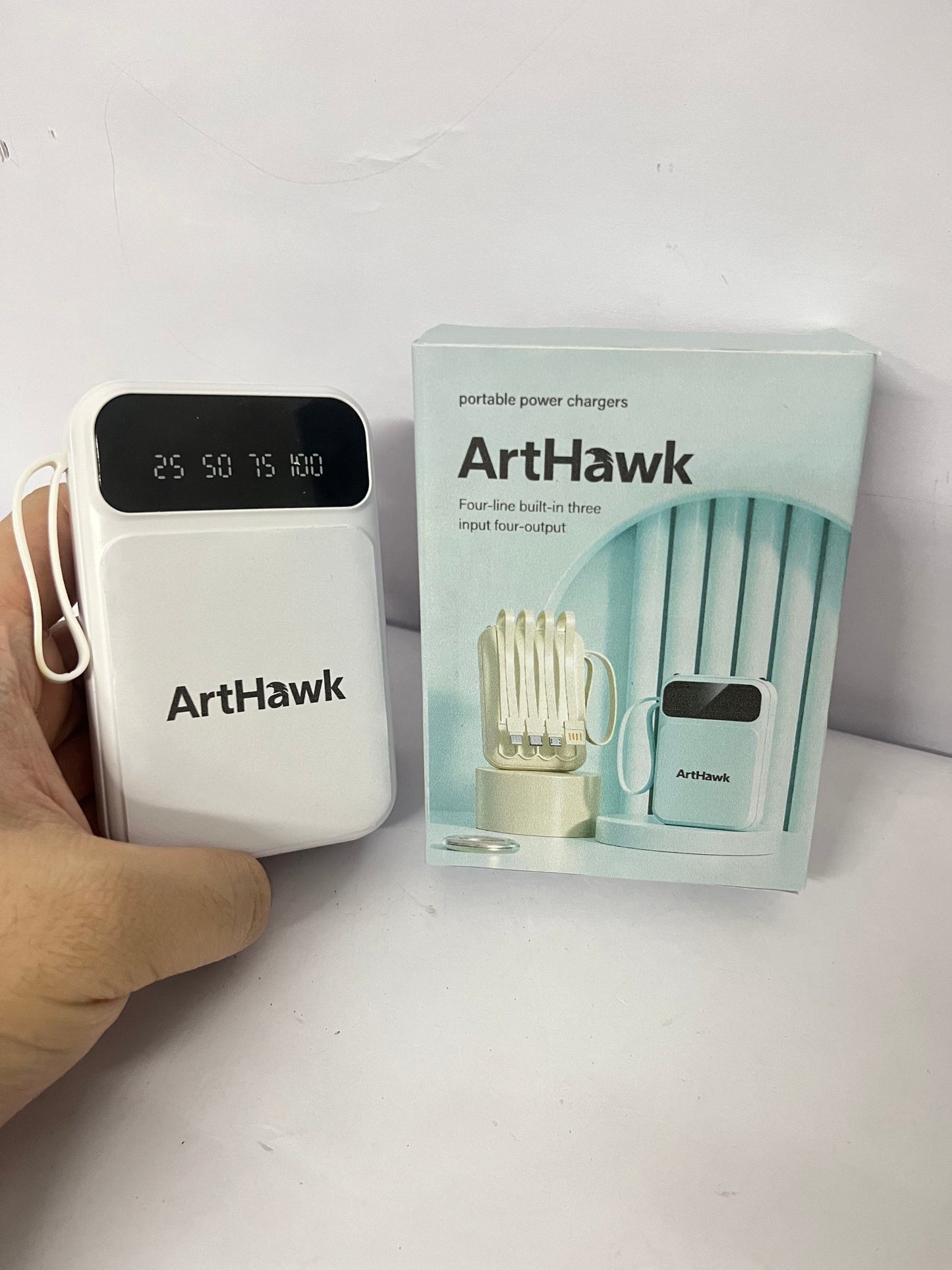 ArtHawk Portable Power Bank with Built-in 4 Cables, Multi-Interface, Digital Display, 3 Inputs & 4 Outputs, Mini Portable Charger for Travel & Daily Use