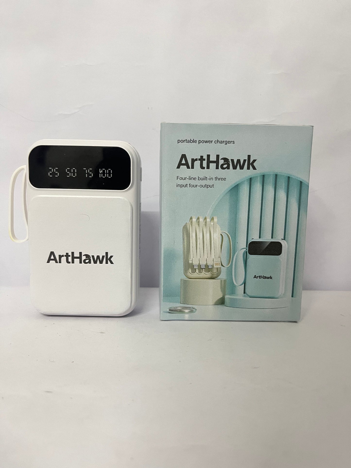 ArtHawk Portable Power Bank with Built-in 4 Cables, Multi-Interface, Digital Display, 3 Inputs & 4 Outputs, Mini Portable Charger for Travel & Daily Use