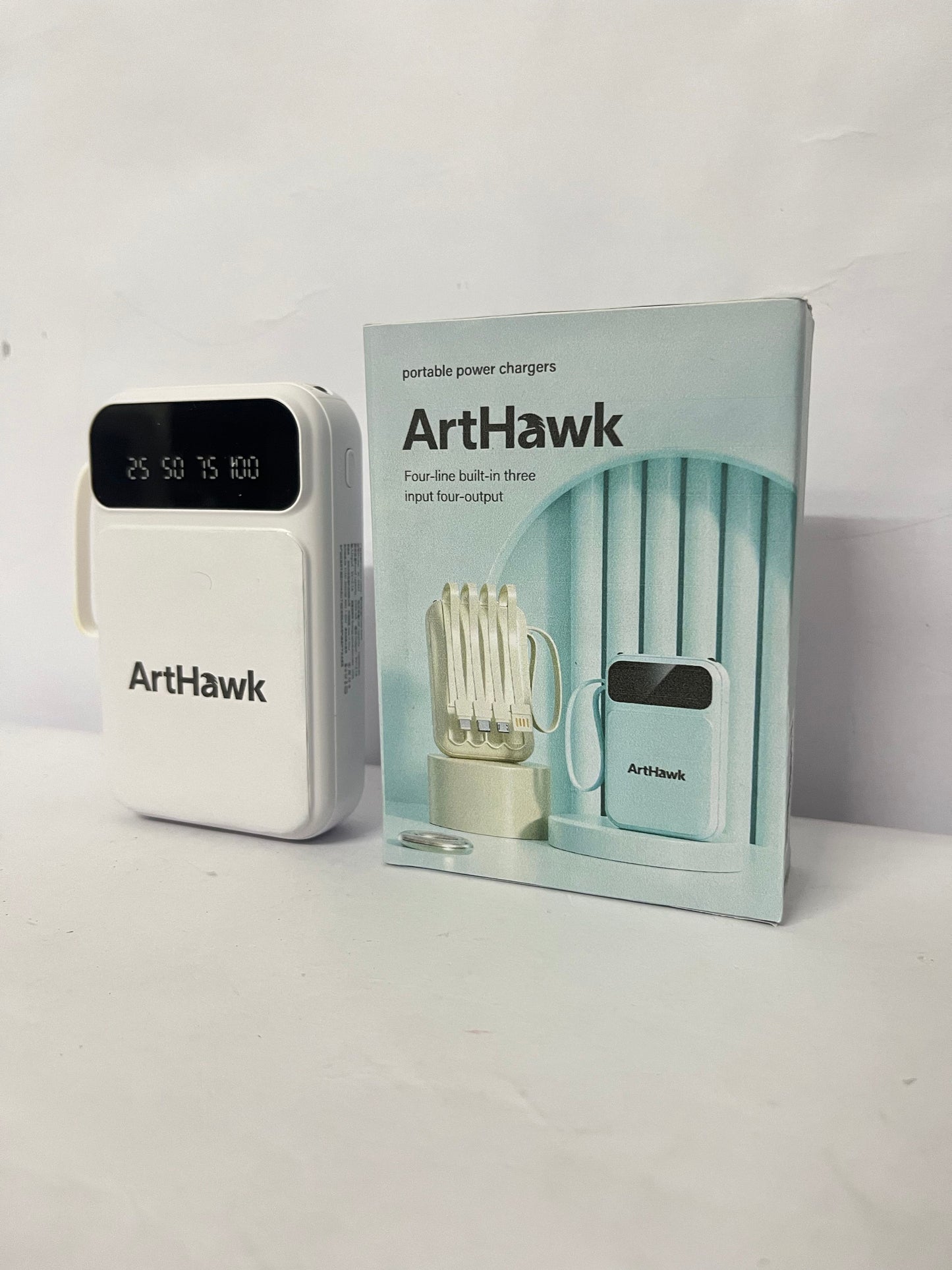 ArtHawk Portable Power Bank with Built-in 4 Cables, Multi-Interface, Digital Display, 3 Inputs & 4 Outputs, Mini Portable Charger for Travel & Daily Use