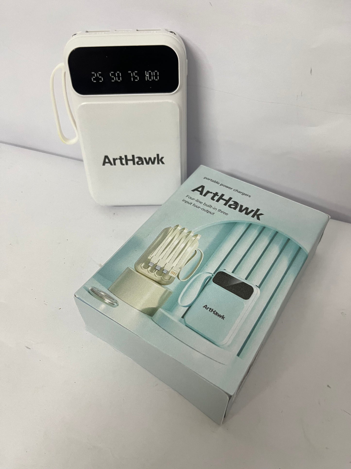 ArtHawk Portable Power Bank with Built-in 4 Cables, Multi-Interface, Digital Display, 3 Inputs & 4 Outputs, Mini Portable Charger for Travel & Daily Use
