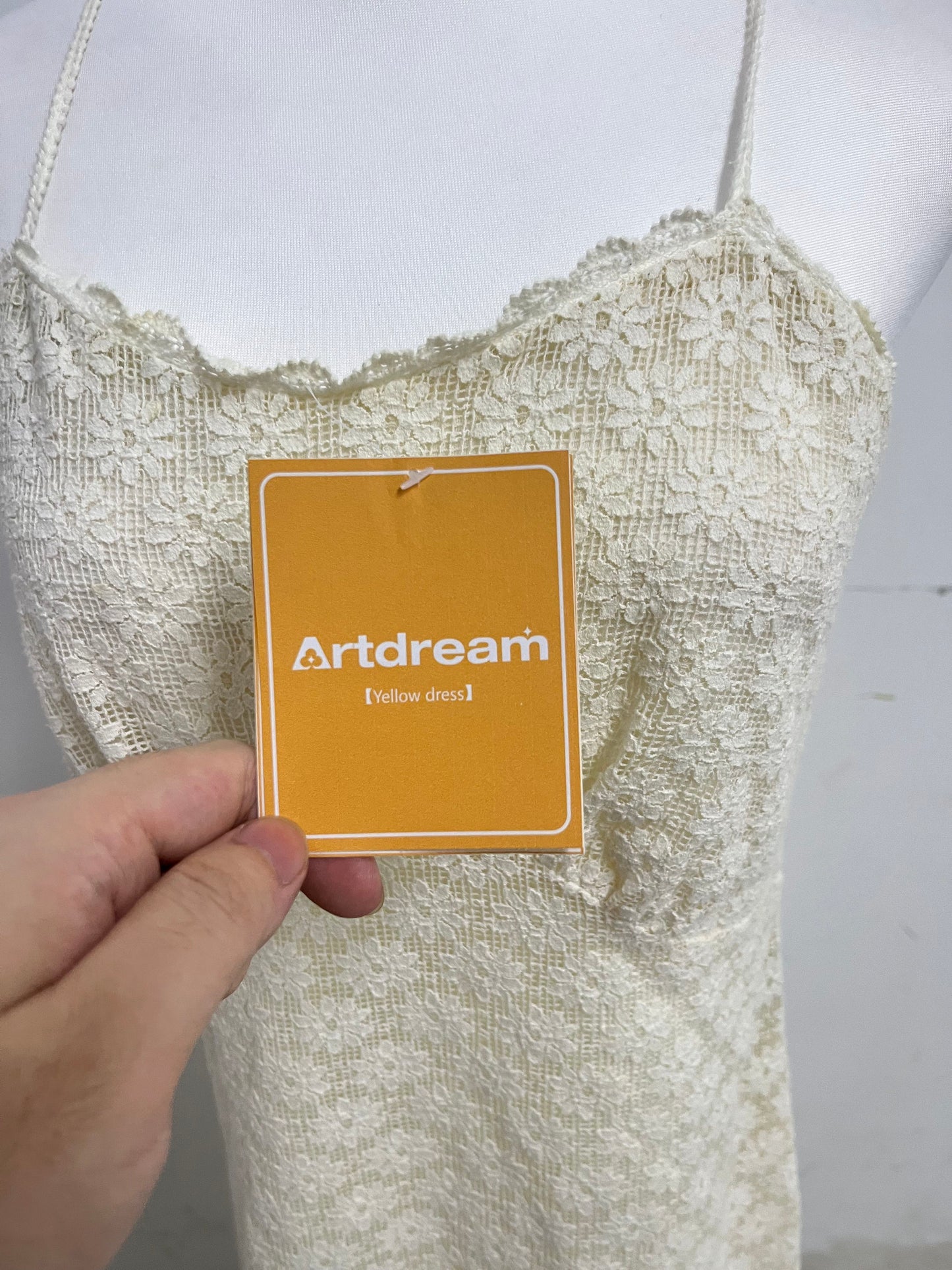 Artdream French Vintage Lace Spaghetti Strap Maxi Dress, Beige Yellow Fairy Dress for Dating, Vacation & Daily Wear