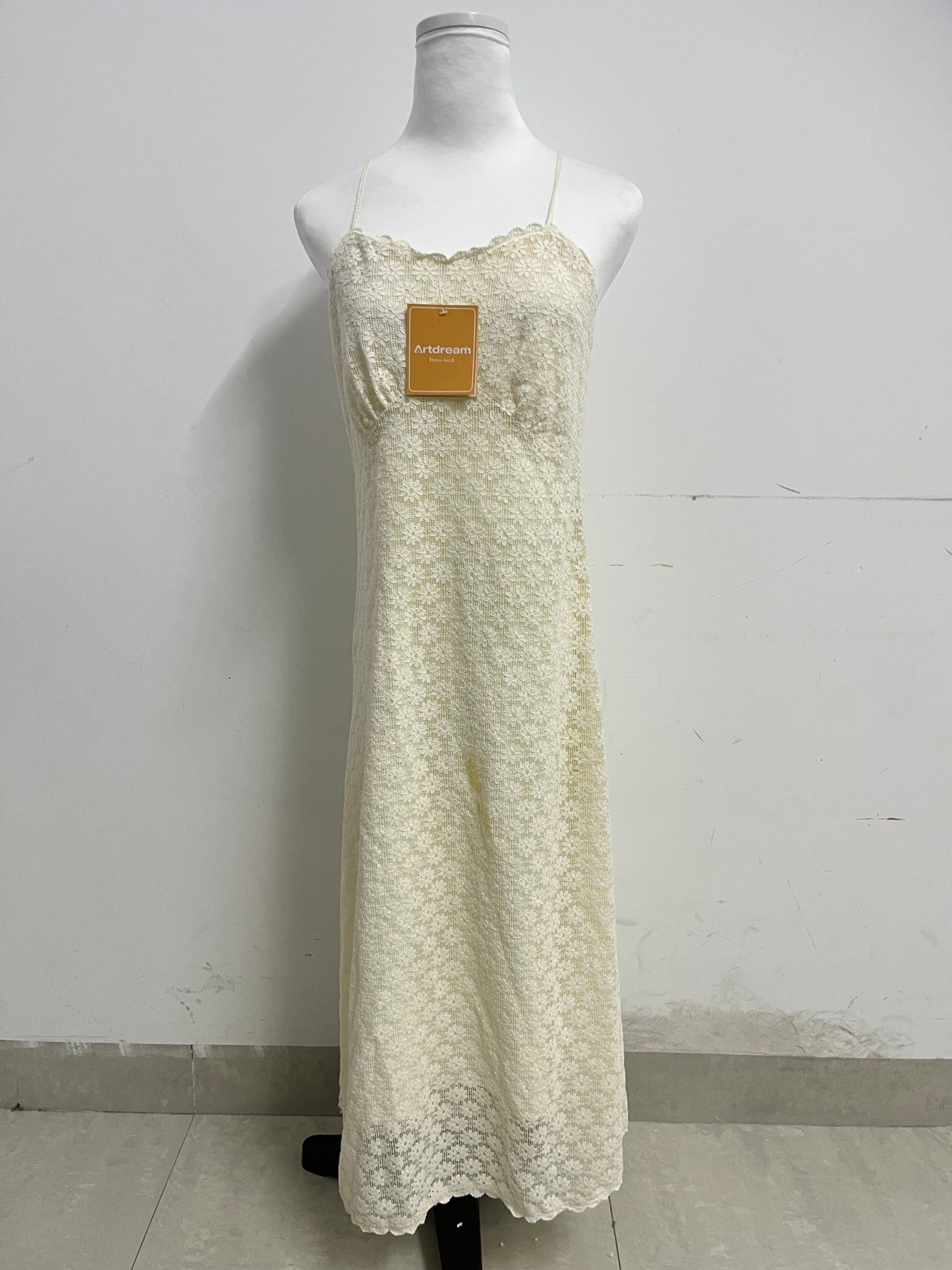 Artdream French Vintage Lace Spaghetti Strap Maxi Dress, Beige Yellow Fairy Dress for Dating, Vacation & Daily Wear