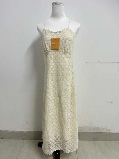 Artdream French Vintage Lace Spaghetti Strap Maxi Dress, Beige Yellow Fairy Dress for Dating, Vacation & Daily Wear