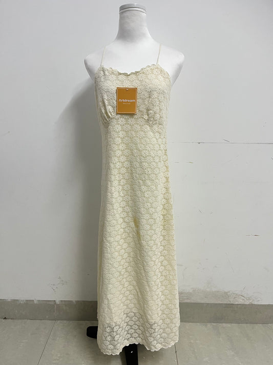 Artdream French Vintage Lace Spaghetti Strap Maxi Dress, Beige Yellow Fairy Dress for Dating, Vacation & Daily Wear