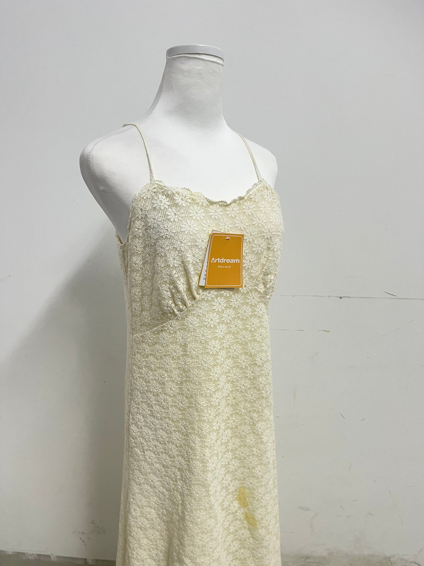 Artdream French Vintage Lace Spaghetti Strap Maxi Dress, Beige Yellow Fairy Dress for Dating, Vacation & Daily Wear