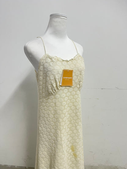 Artdream French Vintage Lace Spaghetti Strap Maxi Dress, Beige Yellow Fairy Dress for Dating, Vacation & Daily Wear