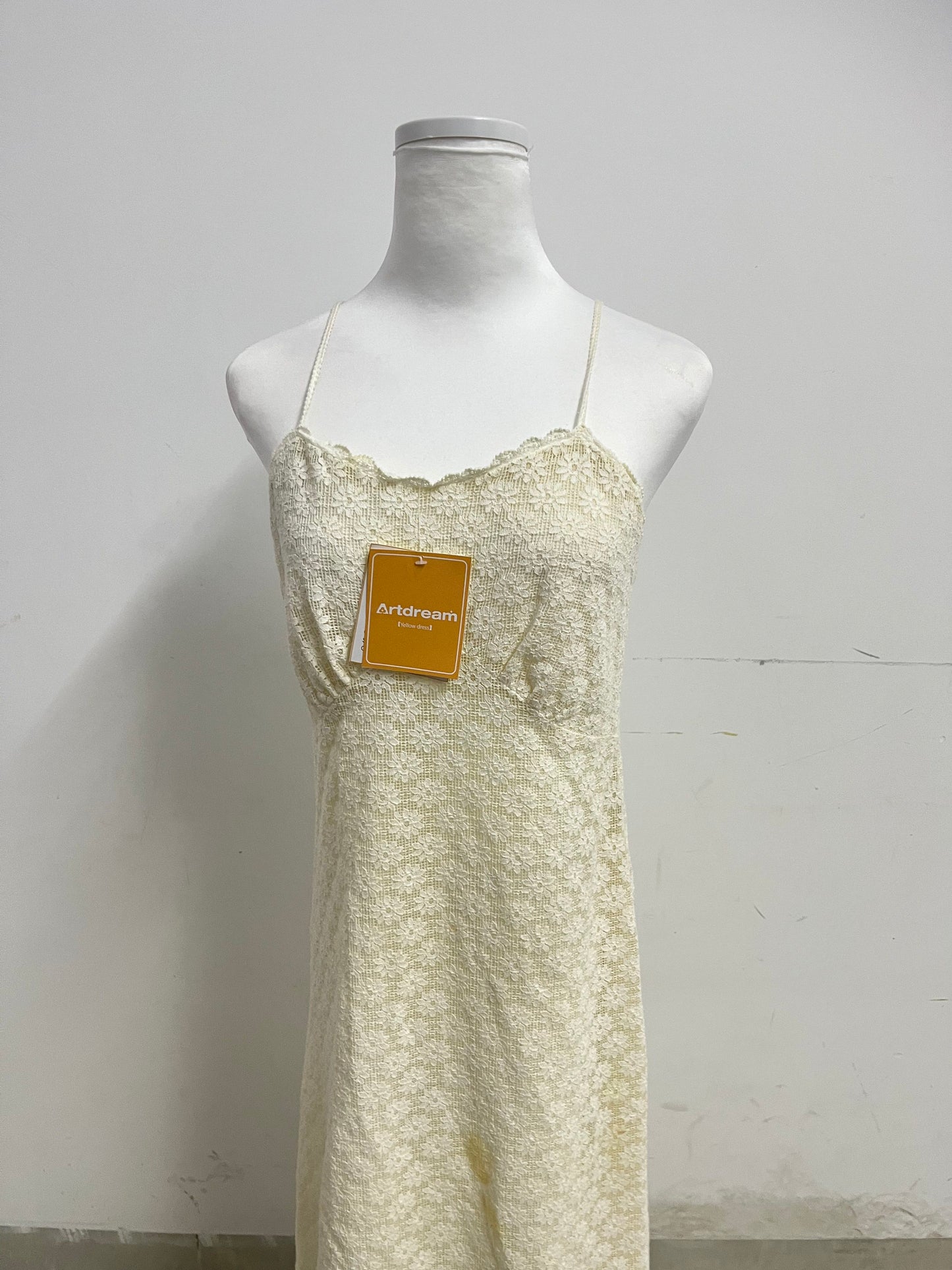Artdream French Vintage Lace Spaghetti Strap Maxi Dress, Beige Yellow Fairy Dress for Dating, Vacation & Daily Wear