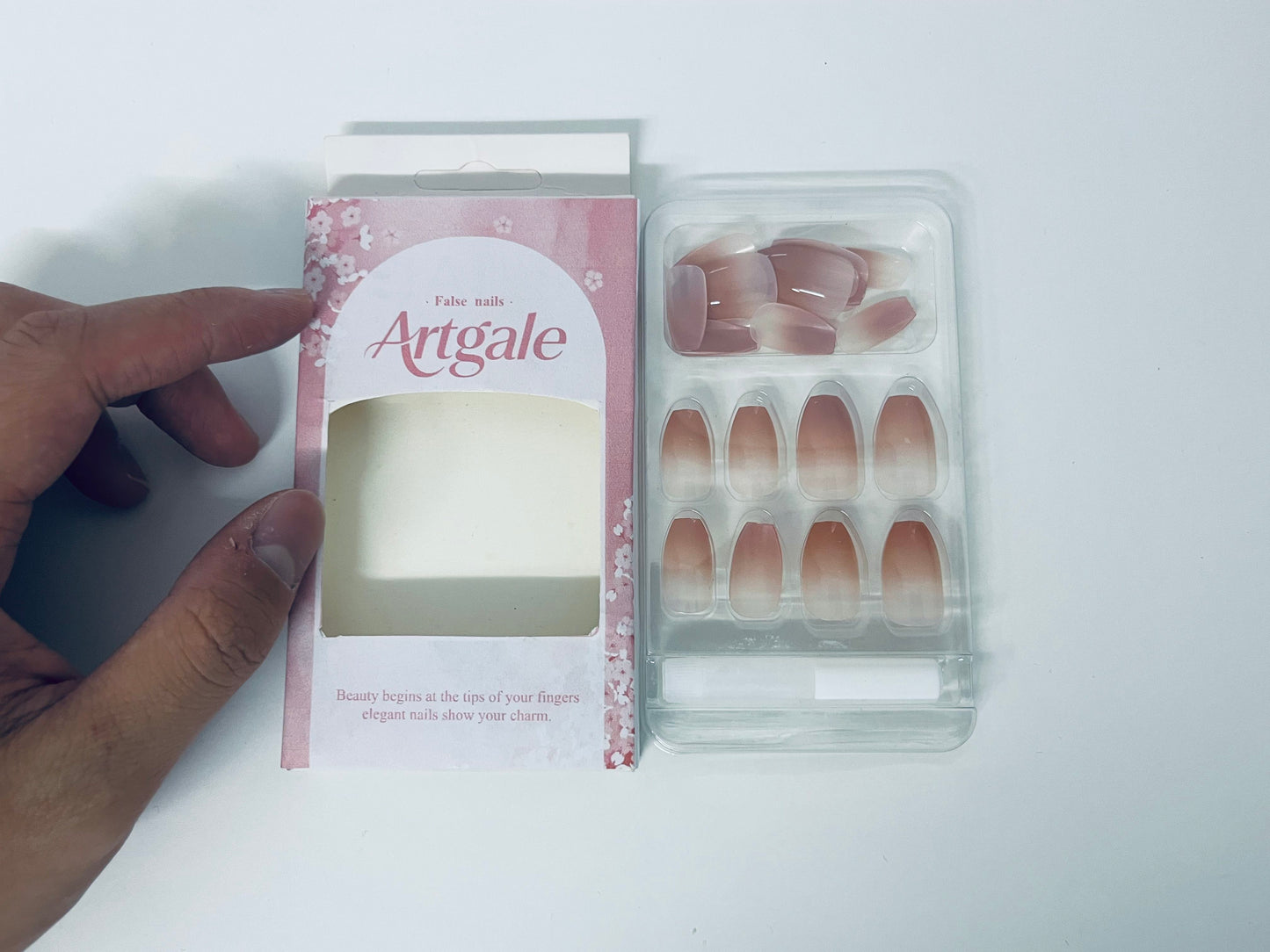 Artgale Gradient Nude Pink Press-On Nails - French Elegant Pointed Fake Nail Tips (With Glue)
