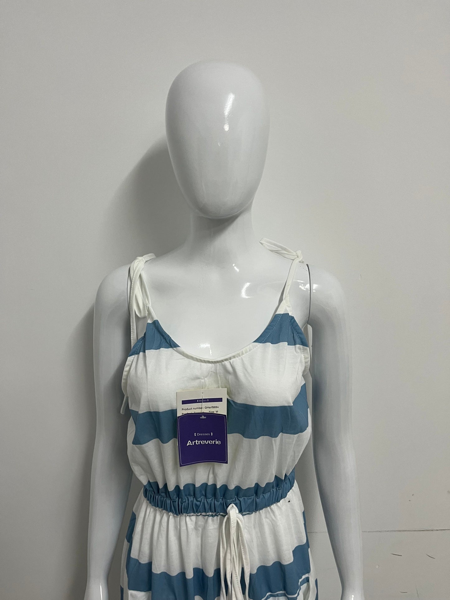 [Artreverie Dresses]-Blue & White Striped Cami Dress - Vacation-Style Waist-Cinching Maxi Dress