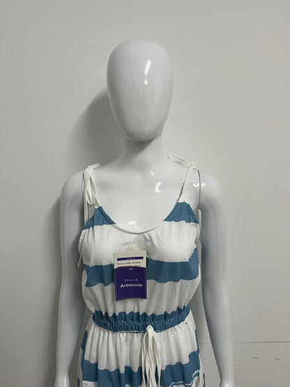 [Artreverie Dresses]-Blue & White Striped Cami Dress - Vacation-Style Waist-Cinching Maxi Dress