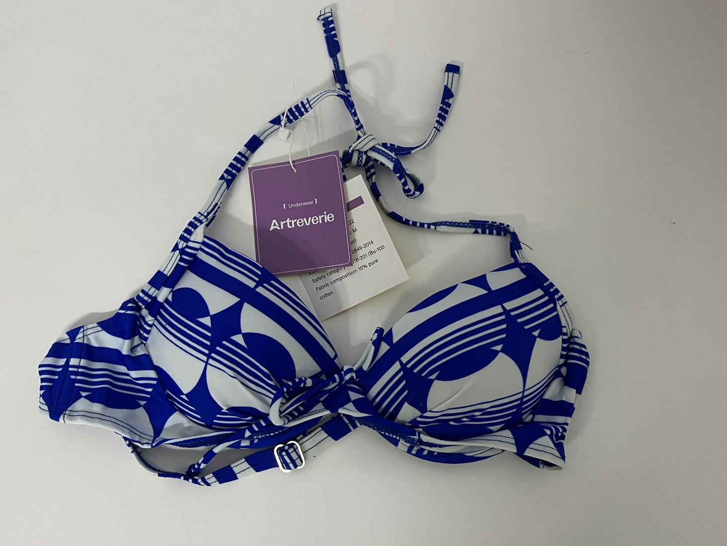 [Artreverie Bras]- Blue & White Geometric Print Bikini Top - Vacation-Style Push-Up Swimwear