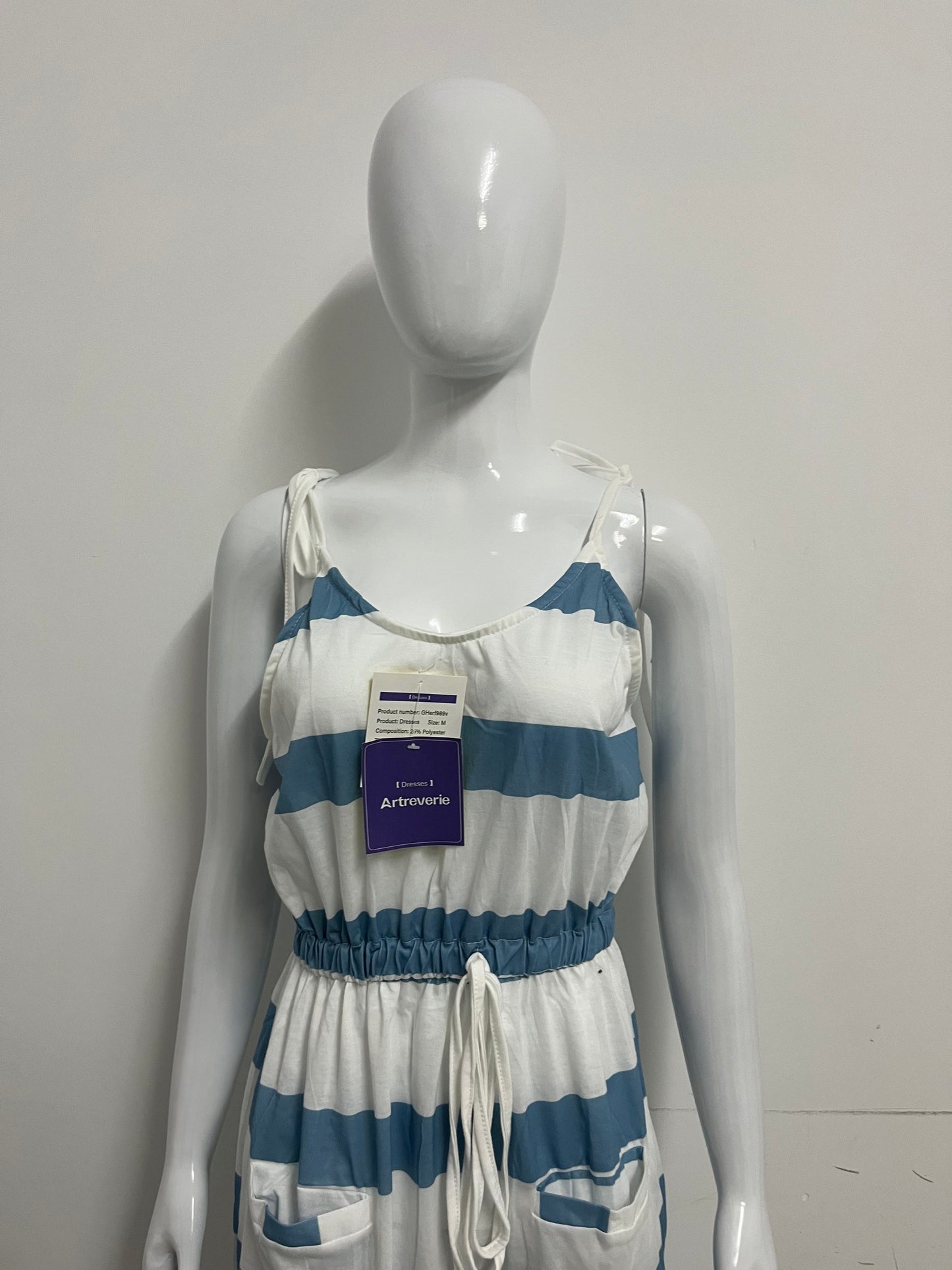 [Artreverie Dresses]-Blue & White Striped Cami Dress - Vacation-Style Waist-Cinching Maxi Dress