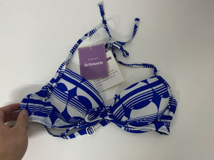 [Artreverie Bras]- Blue & White Geometric Print Bikini Top - Vacation-Style Push-Up Swimwear