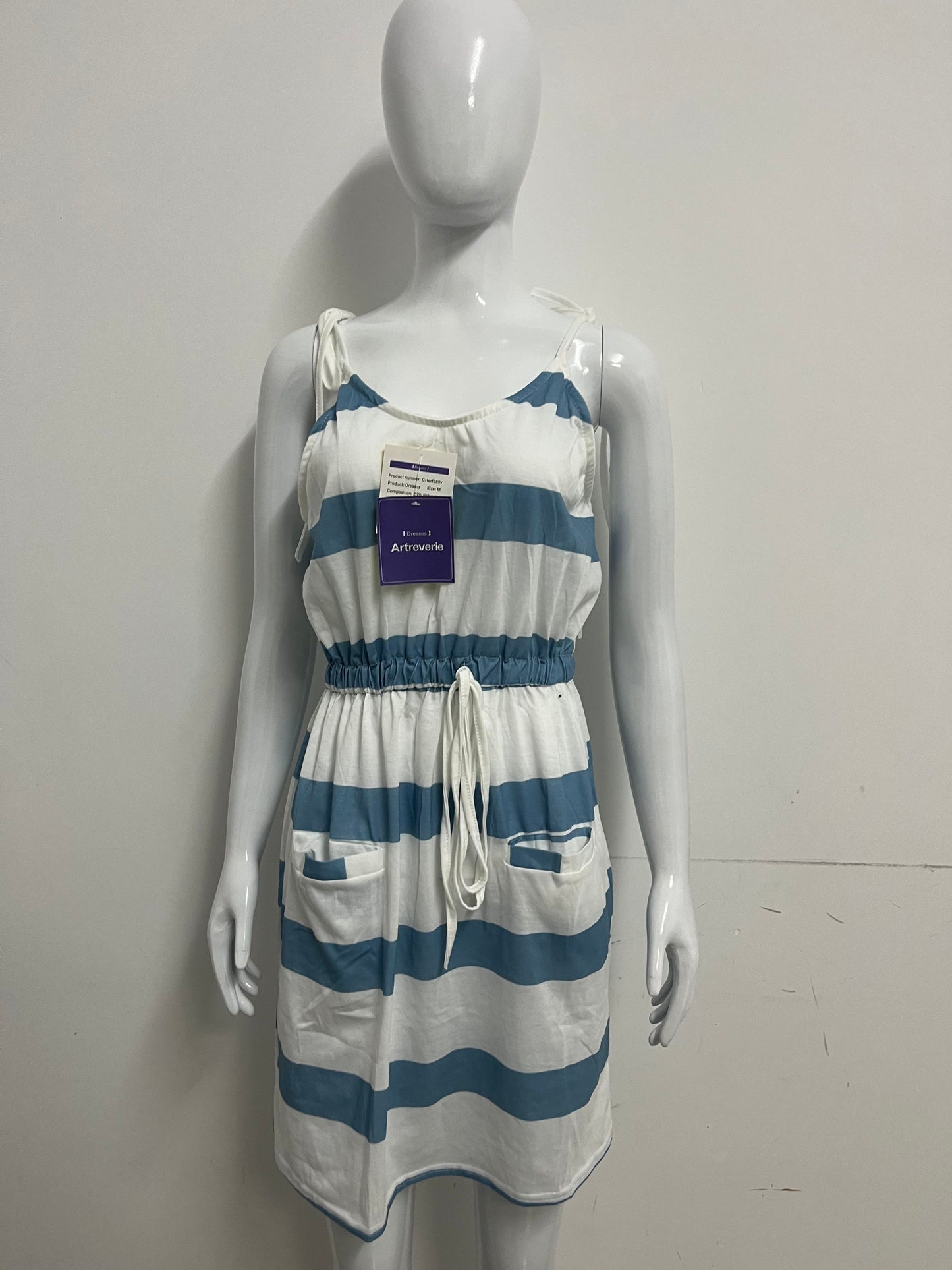 [Artreverie Dresses]-Blue & White Striped Cami Dress - Vacation-Style Waist-Cinching Maxi Dress