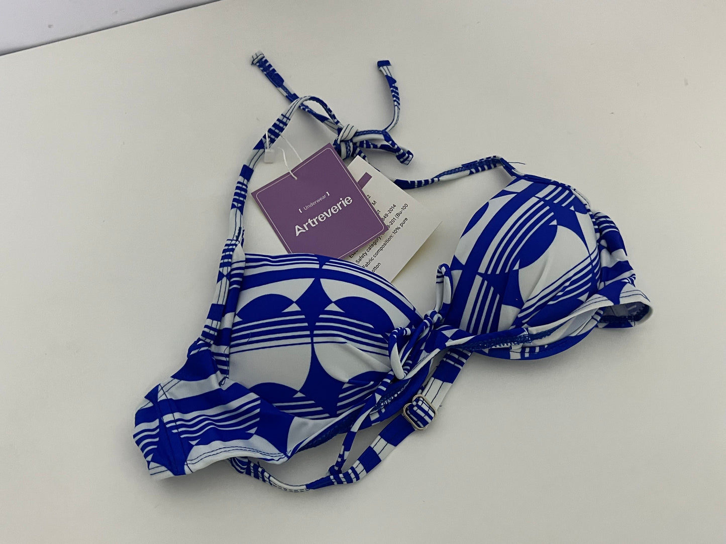 [Artreverie Bras]- Blue & White Geometric Print Bikini Top - Vacation-Style Push-Up Swimwear