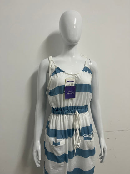 [Artreverie Dresses]-Blue & White Striped Cami Dress - Vacation-Style Waist-Cinching Maxi Dress