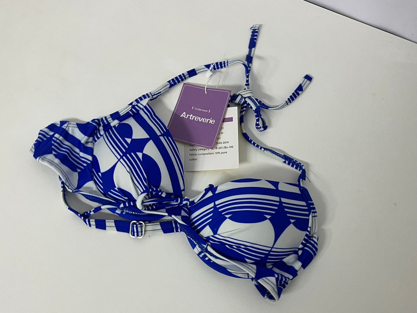 [Artreverie Bras]- Blue & White Geometric Print Bikini Top - Vacation-Style Push-Up Swimwear