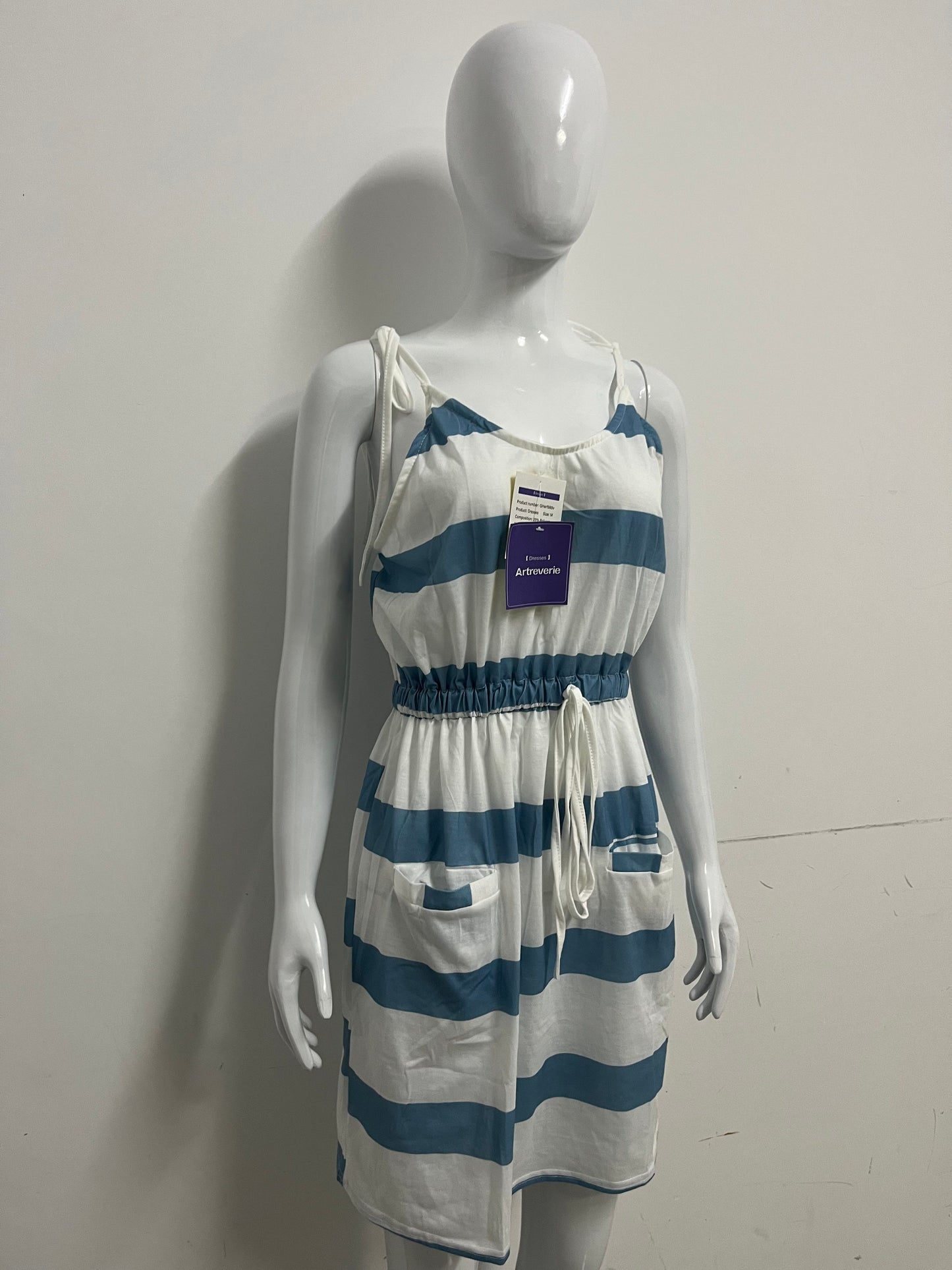 [Artreverie Dresses]-Blue & White Striped Cami Dress - Vacation-Style Waist-Cinching Maxi Dress