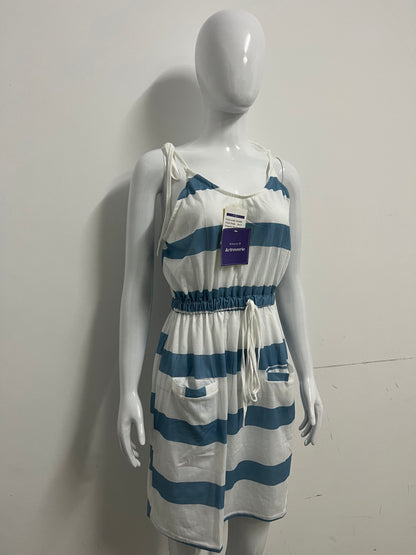 [Artreverie Dresses]-Blue & White Striped Cami Dress - Vacation-Style Waist-Cinching Maxi Dress