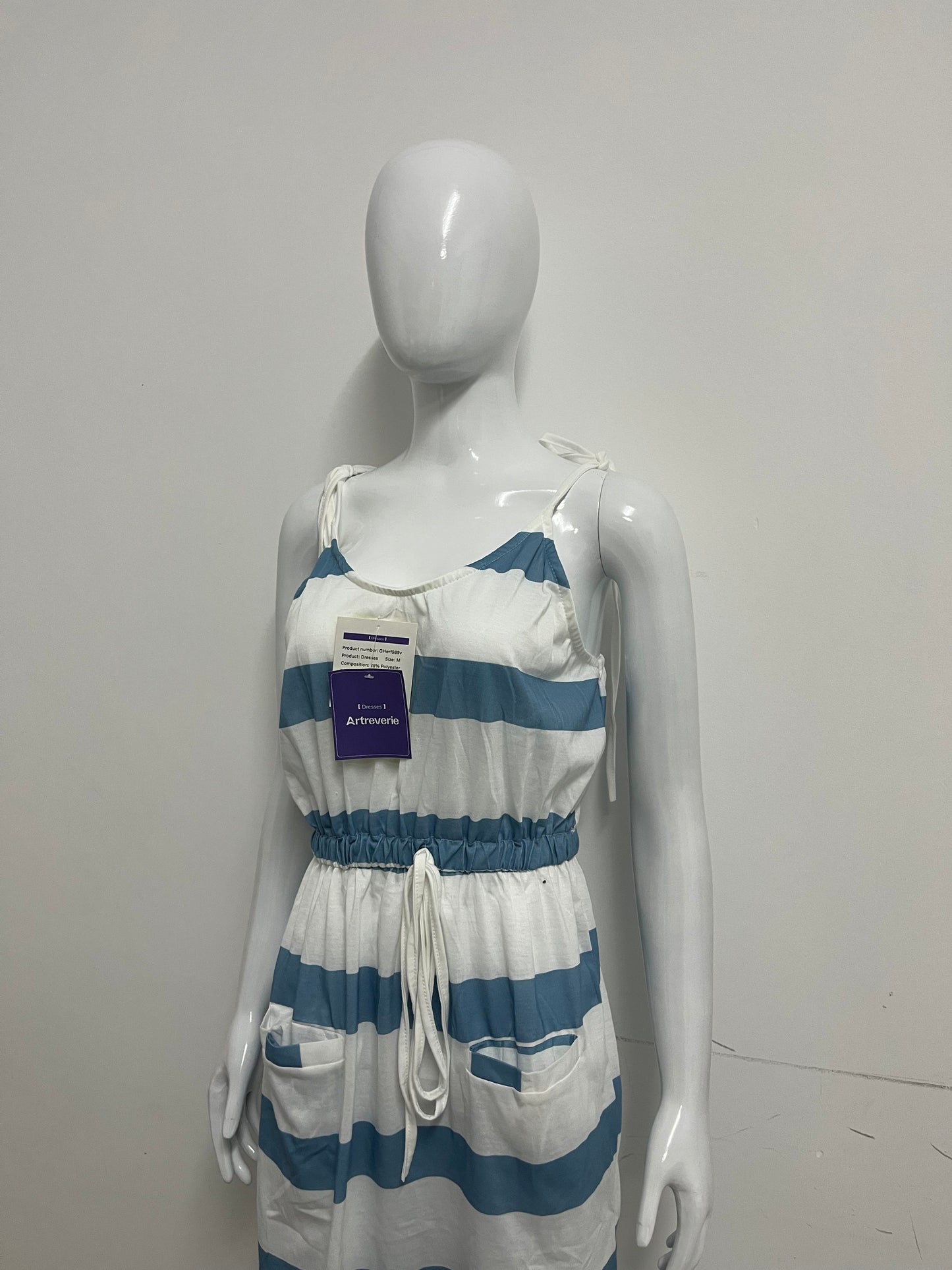 [Artreverie Dresses]-Blue & White Striped Cami Dress - Vacation-Style Waist-Cinching Maxi Dress