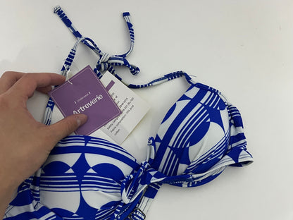 [Artreverie Bras]- Blue & White Geometric Print Bikini Top - Vacation-Style Push-Up Swimwear