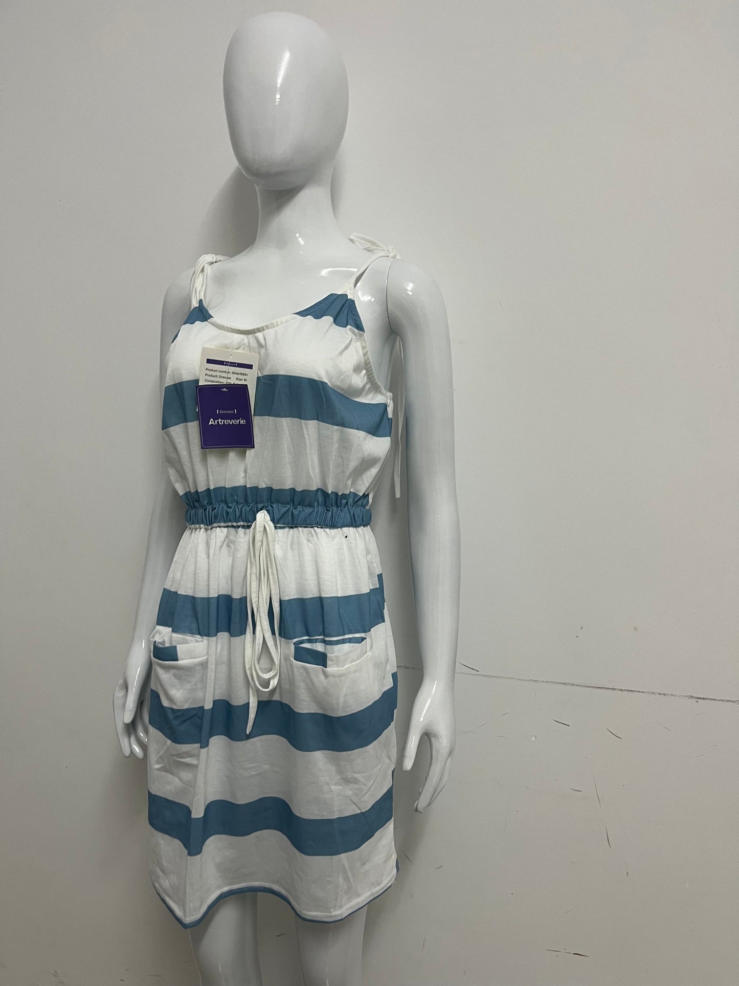 [Artreverie Dresses]-Blue & White Striped Cami Dress - Vacation-Style Waist-Cinching Maxi Dress