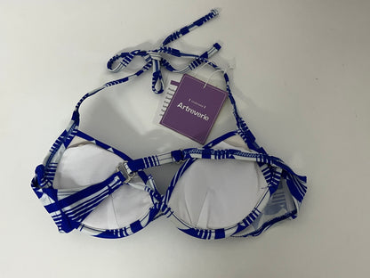 [Artreverie Bras]- Blue & White Geometric Print Bikini Top - Vacation-Style Push-Up Swimwear