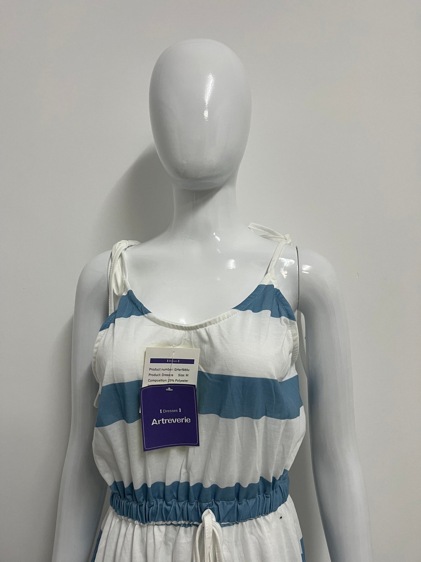 [Artreverie Dresses]-Blue & White Striped Cami Dress - Vacation-Style Waist-Cinching Maxi Dress