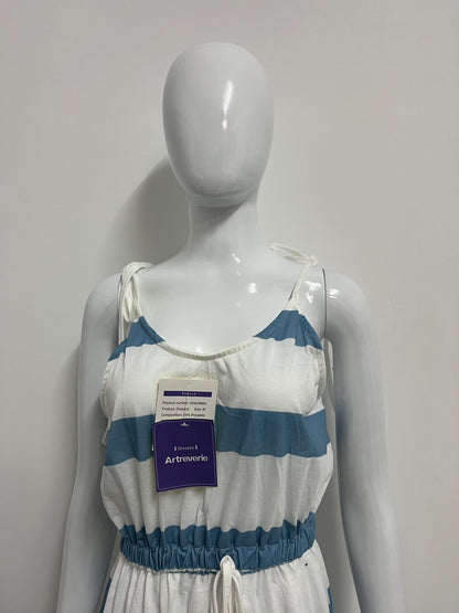 [Artreverie Dresses]-Blue & White Striped Cami Dress - Vacation-Style Waist-Cinching Maxi Dress