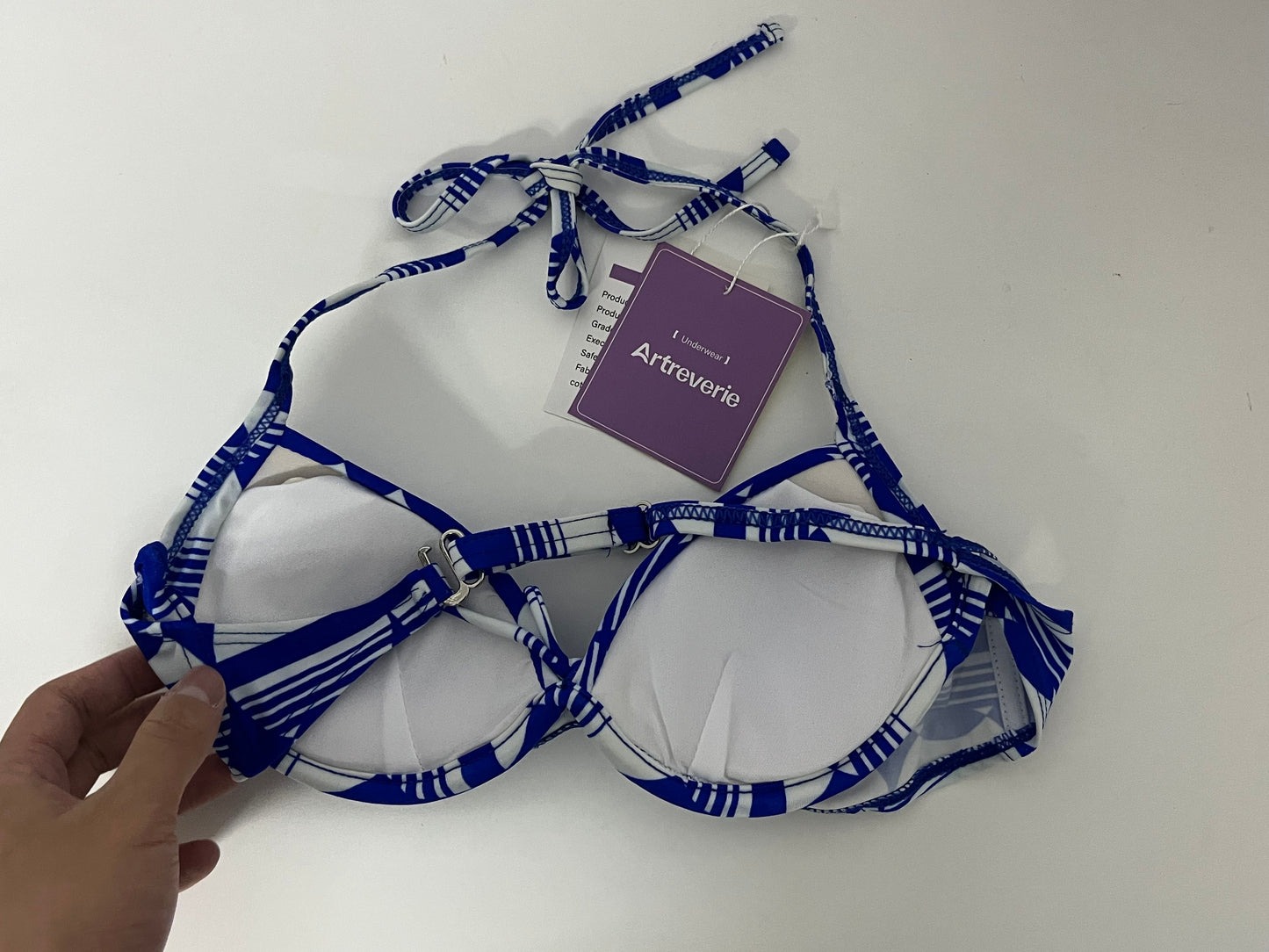 [Artreverie Bras]- Blue & White Geometric Print Bikini Top - Vacation-Style Push-Up Swimwear