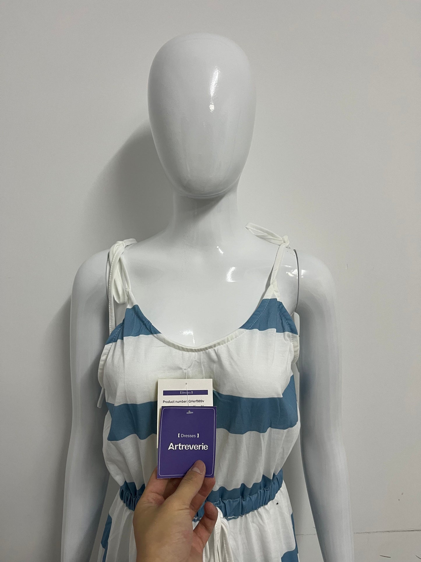 [Artreverie Dresses]-Blue & White Striped Cami Dress - Vacation-Style Waist-Cinching Maxi Dress