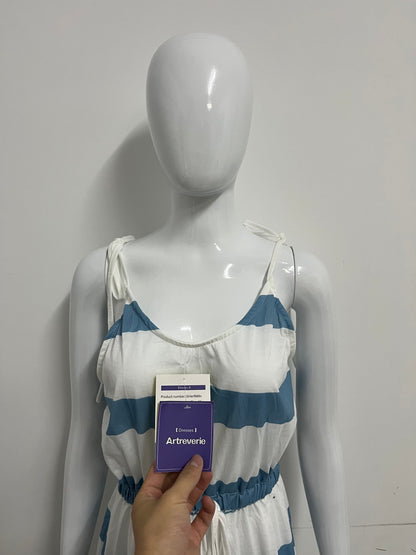 [Artreverie Dresses]-Blue & White Striped Cami Dress - Vacation-Style Waist-Cinching Maxi Dress