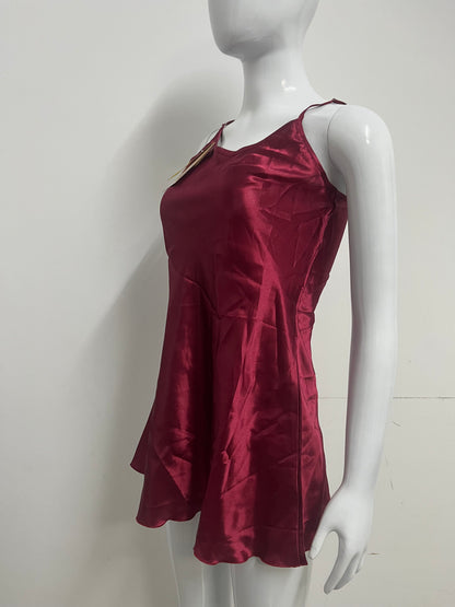 [Ascentrat Sleepwear]-Burgundy Satin Slip Sleepwear - Sexy Silky A-Line Loungewear