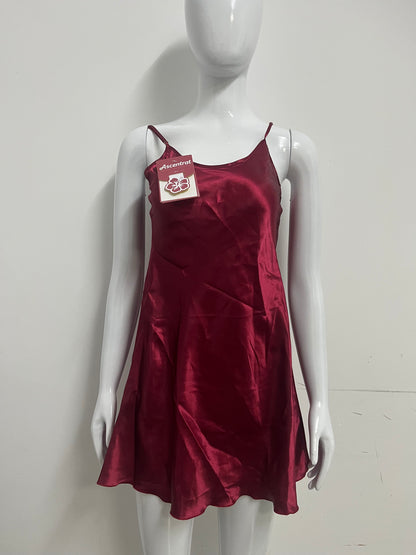 [Ascentrat Sleepwear]-Burgundy Satin Slip Sleepwear - Sexy Silky A-Line Loungewear