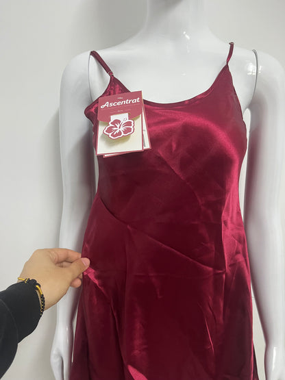 [Ascentrat Sleepwear]-Burgundy Satin Slip Sleepwear - Sexy Silky A-Line Loungewear