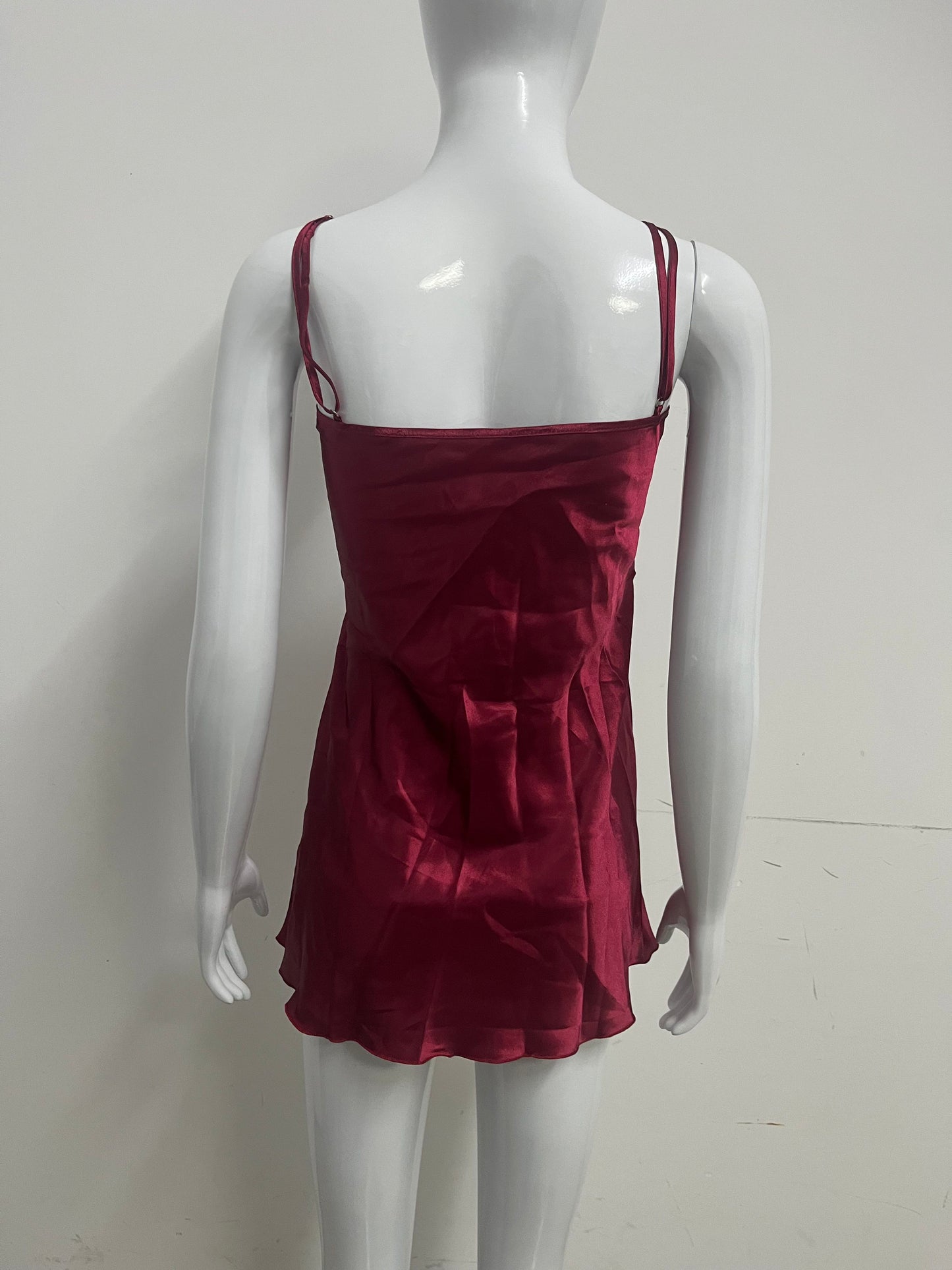 [Ascentrat Sleepwear]-Burgundy Satin Slip Sleepwear - Sexy Silky A-Line Loungewear