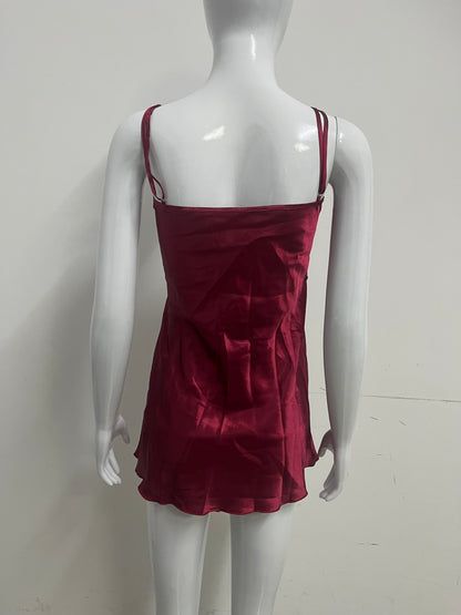[Ascentrat Sleepwear]-Burgundy Satin Slip Sleepwear - Sexy Silky A-Line Loungewear