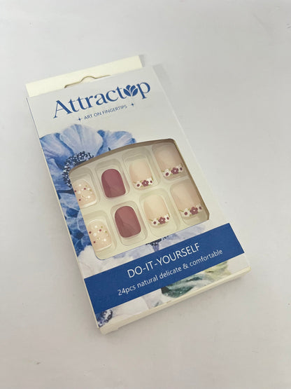 Attractop 24 Pcs Short Square Press on Nails Spring Fake Nails NEWSPIED Red Glossy Glue on Nails with Small Flower Leaf Full Cover Artificial Stick on Nails Cute Acrylic False Nails for Women Girls Manicure