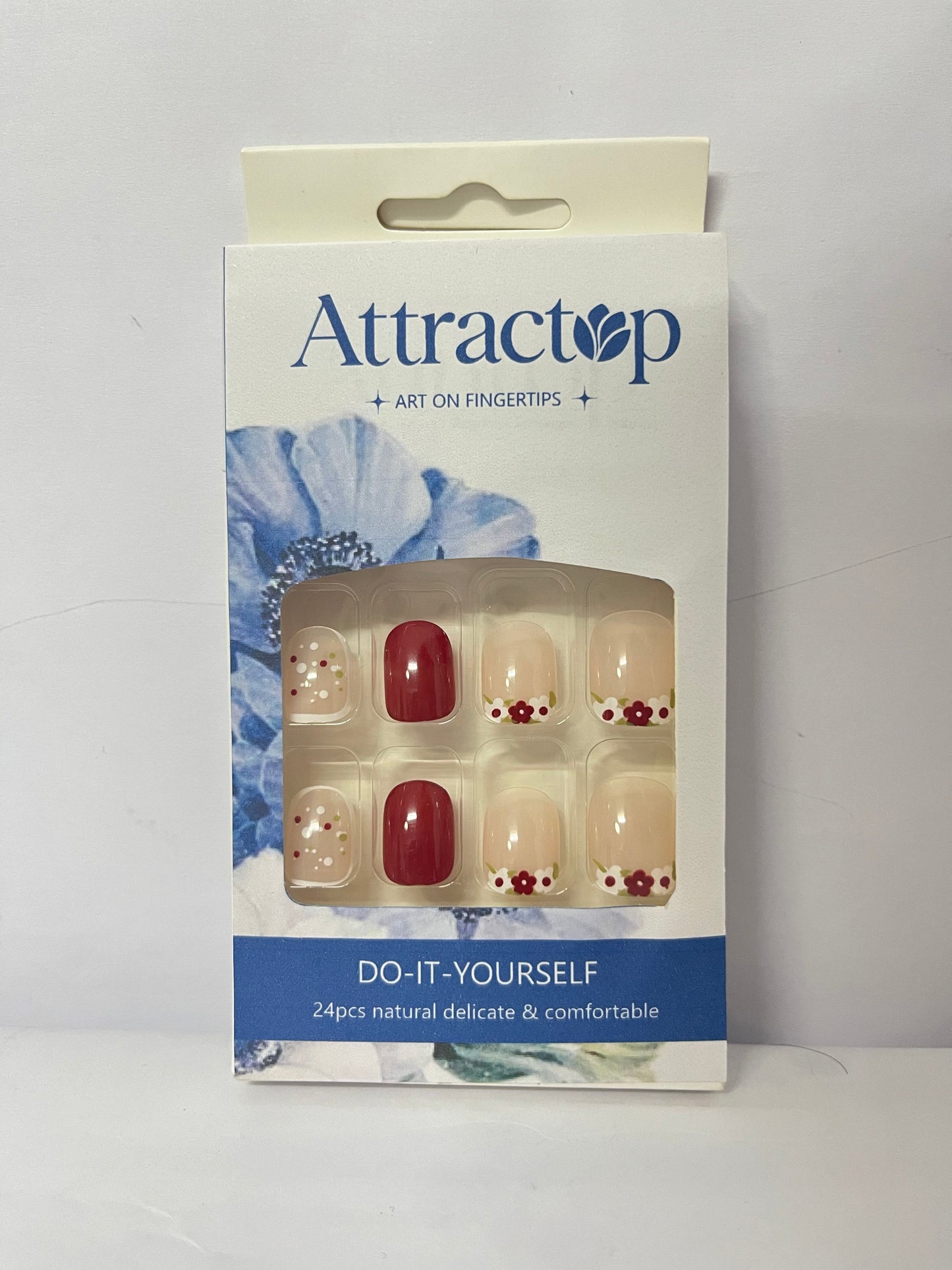 Attractop 24 Pcs Short Square Press on Nails Spring Fake Nails NEWSPIED Red Glossy Glue on Nails with Small Flower Leaf Full Cover Artificial Stick on Nails Cute Acrylic False Nails for Women Girls Manicure